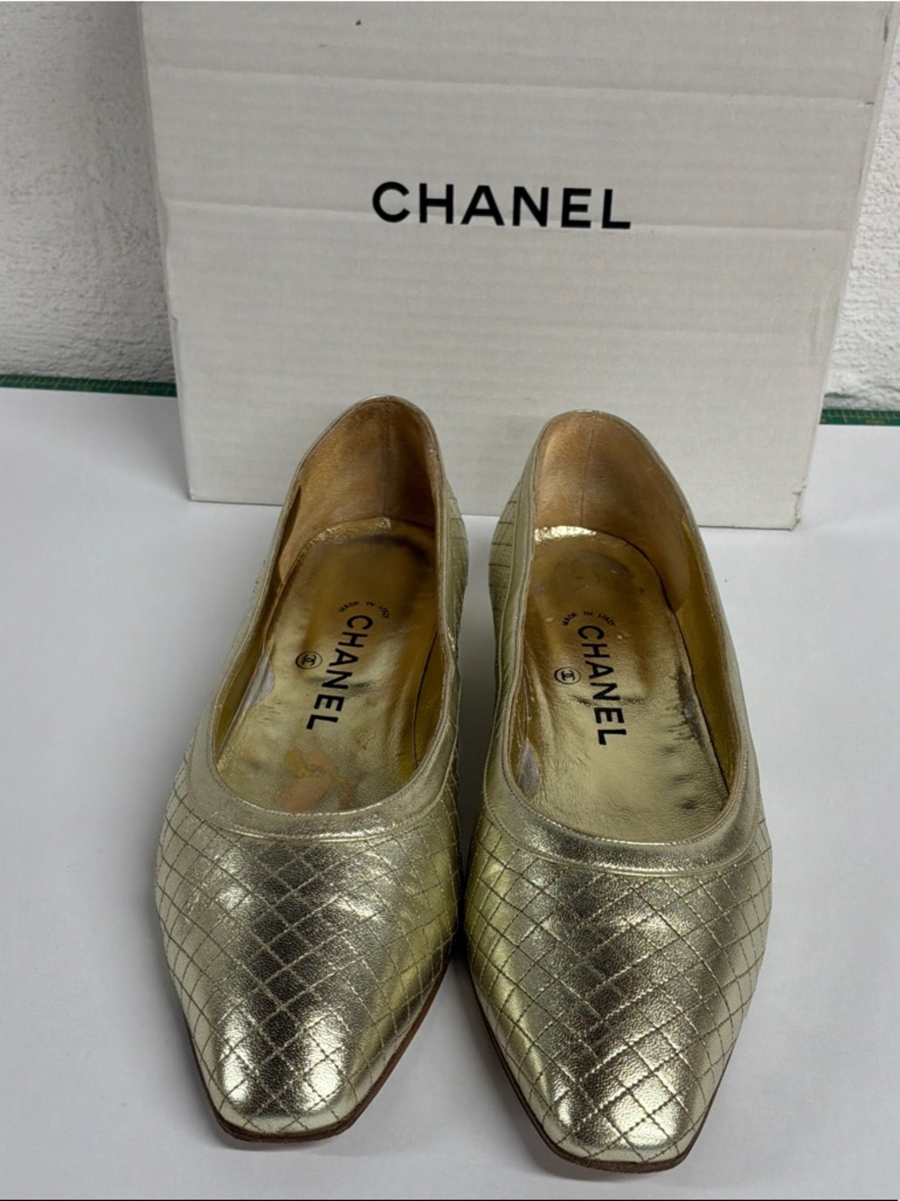 CHANEL Quilted Metallic Gold Leather Flats